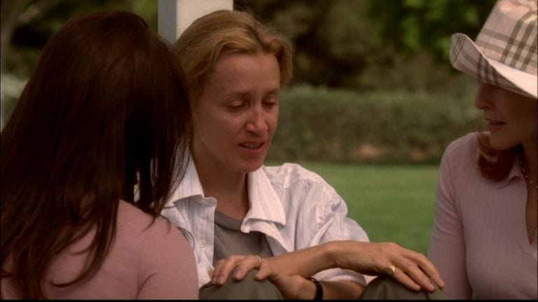 Lynette wears a white shirt and talks to Susan and Bree