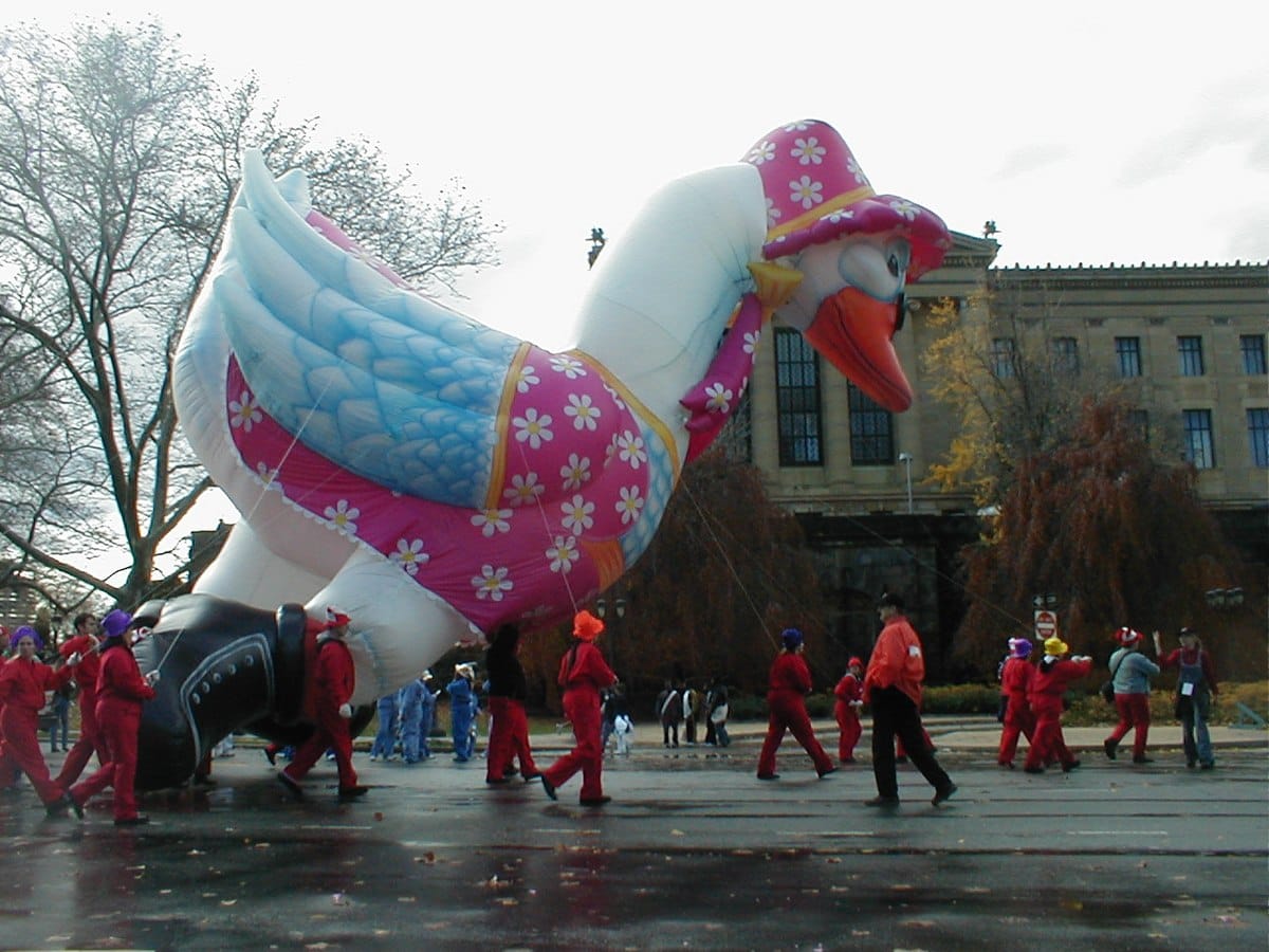 Diant duck balloon "wearing" pink with daisy pattern and a hat tilts over in Philly's Logan square