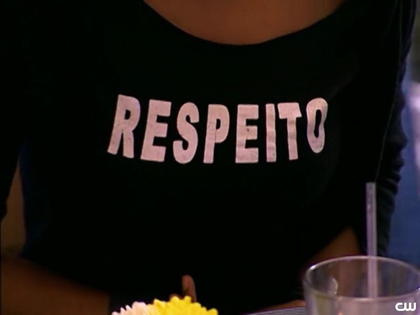 Close-up of Yaya's "respeito" t-shirt on America's Next Top Model