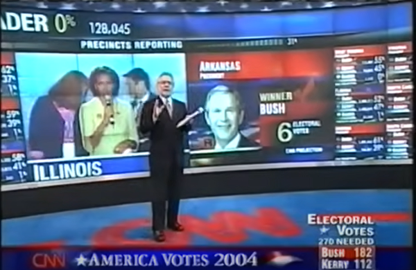 Wolf Blitzer stands in CNN's 2004 election night control room. Michelle Obama is  on a screen behind him and he ignores her.