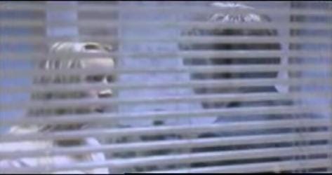 Dawn (blond hair pink top) and Tim (facing away on right) as seen by the camera crew through the blinds